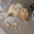Luxury gold bridal crown and matching teardrop earring set with iridescent rhinestones - Gold AB