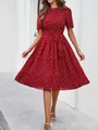 Elegant red polka dot midi dress featuring short sleeves and a stylish waist tie detail. - S / Tops / Burgundy