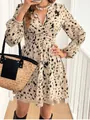 Elegant long-sleeved V-neck dress featuring a black and beige leopard ink-blot pattern. - S / Tops / Apricot Leopard