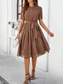 Elegant brown polka dot midi dress with short sleeves and stylish belted waist detail. - S / Tops / Coffee