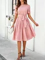 Elegant pink polka dot A-line dress with short sleeves and adjustable waist tie belt - S / Tops / Pink