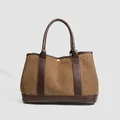 Sac cabas en laine à chevrons avec poignées en cuir marron pour l'automne et l'hiver - Brun Foncé