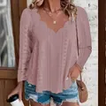 Detail view of mauve long sleeve top with scalloped neckline and jacquard texture - S / Tops / Pink