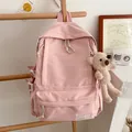 Stylish pastel pink high-capacity school backpack featuring a cute bear plush keychain accessory - With Random Pendant / Pink
