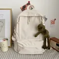 Cream Korean style school backpack for students with cute frog plush charm - With Random Pendant / White