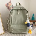 Minimalist Korean style sage green school backpack with cute plush duck keychain pendant - With Random Pendant / Green