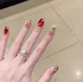 Luxury short oval press-on nails with red cat eye effect and rhinestone details - BY2544 / Handmade Nail Art Size M 10 Pieces/bag [tool Kit Included]