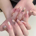 Detail of nude gradient press-on nails with palm tree motifs and rhinestones - By1628 / Handmade Nail Art Size M 10 Pieces/bag [tool Kit Included]