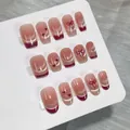 Short oval press-on nails with nude pearl cat-eye finish and red bow heart accents. - BY2058 / Handmade Nail Art Size M 10 Pieces/bag [tool Kit Included]