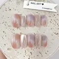 Elegant nude pearl finish and lavender gradient short oval press-on nails displayed on stone - By2186 / Full Sizes (M/S/XS)#30 Pieces/Plate