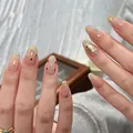 Elegant nude pearl press-on nails in short oval shape with rhinestone and gold detail - By2410 / Handmade Nail Art Size M 10 Pieces/bag [tool Kit Included]