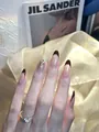 Nude press-on nails with brown French tips and silver foil detail in oval shape - By1418 / Handmade Nail Art Size M 10 Pieces/bag [tool Kit Included]