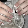 Short oval press-on nails with black and white star patterns pearl accents and rhinestones - By2236 / Handmade Nail Art Size M 10 Pieces/bag [tool Kit Included]