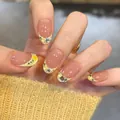Short oval press-on nails in nude pink with rhinestone-embellished yellow French tips - BY2596 / Press-on Nails#30 Pieces/Box