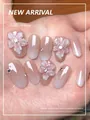 Elegant nude pearlescent short oval press-on nails with 3D flowers and rhinestones - By2107 / Handmade Nail Art Size M 10 Pieces/bag [tool Kit Included]