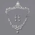 Parure élégante tiare, collier et boucles d'oreilles en alliage argenté et perles. - Ensemble De Bijoux Minimalistes En Argent Set-j035s