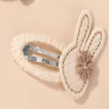 Cute cream knit rabbit hair clip with brown flower detail for girls' hair styling - Cream Rabbit Style - Right (1R)