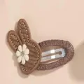Adorable handmade brown fabric rabbit hair clip featuring a small white flower for girls - Brown Rabbit Style - Left (2L)