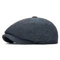 Béret classique pour hommes en tweed bleu à chevrons, style casquette de gavroche rétro - Réglable / Gris-Bleu
