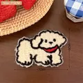 Cute white puppy dog embroidered towel patch hair clip accessory, size 7x5cm for kids - Beige (Knitted Dog Hair Clip)