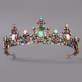 Vintage antique gold tiara with colorful rhinestones for elegant party hair styling - Antique Gold