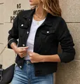 Chaqueta vaquera negra clásica para mujer con solapa elegante y diseño de un solo pecho. - Negro