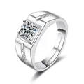 Elegante anillo para hombre ajustable plateado con circonita cuadrada y piedras laterales - Estilo de Circonia Cuadrada para Hombres / Plateado