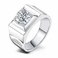 Silver colored men's ring with a large square set round zircon stone - Men's Four-Claw Round Zirconia / Silver