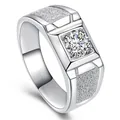 Elegantly crafted men's silver-tone ring featuring a round cubic zirconia and textured band - Frosted Finish Men's / Silver