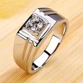 Bold men's silver-tone ring with a large square-set clear cubic zirconia stone - Tiered Grooved Men's / Silver