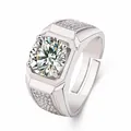 Elegant silver-toned men's adjustable ring featuring a large round zircon stone. - Pavé Shoulder Style / Silver