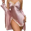 Elegant pink satin nightgown chemise with delicate lace trim and matching robe sleepwear set - S / Tops / Pink
