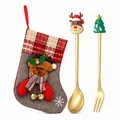 Festive Christmas gold spoon and fork cutlery set with cute reindeer stocking gift bag - Grey Bag Gold [2pcs] Deer/small Tree