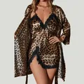 Luxury leopard print satin camisole nightdress and matching robe set with black lace trim - S / Top And Bottom / Leopard Print Set