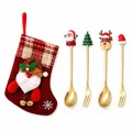 Festive red Christmas stocking gift bag with gold stainless steel spoon and fork cutlery set - Red Bag With Gold Accents [4pcs] Old Man's Spoon/round Tree Fork/reindeer Spoon/hat Fork