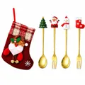 Christmas themed cutlery set with golden spoons and forks plus a red plaid gift stocking - Red Bag With Gold Accents [4pcs] Round Tree Spoon/old Man Fork/snowman Spoon/shoe Fork