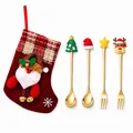 Christmas gold cutlery set with Santa stocking for dessert coffee stirring spoons - Red Bag With Gold Accents [4pcs] Small Tree Spoon/hat Spoon/star Fork/reindeer Fork