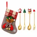 Festive Christmas stainless steel cutlery set with spoons, forks, and a plush gift stocking bag - Grey Bag With Gold Color [4pcs] Old Man's Spoon/round Tree Fork/reindeer Spoon/hat Fork