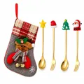 Gold Christmas spoon and fork set with cute character toppers and reindeer stocking - Grey Bag Gold [4pcs] Star Spoon/hat Fork/small Tree Spoon/old Man Fork