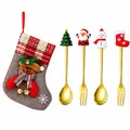 Christmas stainless steel spoon fork set with Santa Snowman toppers and stocking - Grey Bag With Gold [4pcs] Round Tree Spoon/old Man Fork/snowman Spoon/shoe Fork