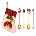 Christmas cutlery gift set featuring golden spoons and forks with a decorative stocking - Pink Bag (gold) [4pcs] Old Man's Spoon/round Tree Fork/deer Spoon/hat Fork