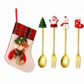 Golden Christmas cutlery set with festive character spoons forks and red stocking - Pink Bag (gold) [4pcs] Round Tree Spoon/old Man Fork/snowman Spoon/shoe Fork