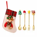 Christmas themed golden cutlery set with decorative toppers and a matching festive gift stocking - Pink Bag (gold) [4pcs] Small Tree Spoon/hat Spoon/star Fork/reindeer Fork
