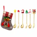 Christmas gold stainless steel spoon and fork set with cartoon toppers and reindeer stocking - Grey Bag With Gold Accents [6pcs] Style C
