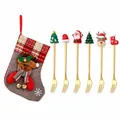 Set of 6 golden Christmas dessert forks with festive toppers and a red gift stocking - Grey Bag Gold [6pcs] D Style Full Fork