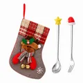 Festive Christmas reindeer stocking set with stainless steel star spoon and Santa hat fork - Grey Bag Silver [2pcs] Star/hat