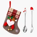 Festive Christmas stainless steel spoon and fork set with Santa stocking gift bag - Grey Bag Silver [2pcs] Snowman/hat