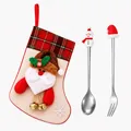 Christmas tableware set with snowman spoon, Santa hat fork and plaid gift stocking - Pink Bag Silver [2pcs] Snowman/hat
