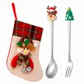 Festive Christmas dessert cutlery set with reindeer spoon, tree fork and snowman stocking gift bag - Pink Bag (silver) [2pcs] Deer/small Tree