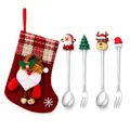 Festive Christmas cutlery set including stainless steel spoons and forks with holiday stocking - Red Bag With Silver [4pcs] Old Man's Spoon/round Tree Fork/deer Spoon/hat Fork